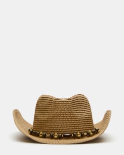 BEADED TRIM WESTERN HAT TAN