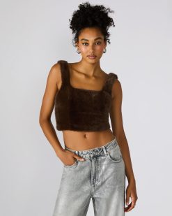 HANNIA FAUX FUR TOP DARK ESPRESSO